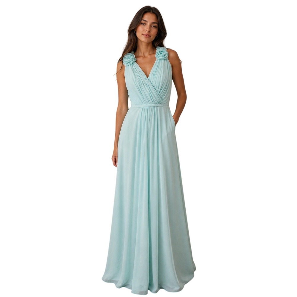 Allure Bridals Bridesmaids Mint Green Rosette Chiffon Maxi Dress Size 16 Formal